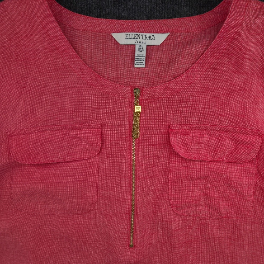 Ellen Tracy Linen Blouse Womens Large Coral Pink Zip Roll Tab Sleeve Utility Top